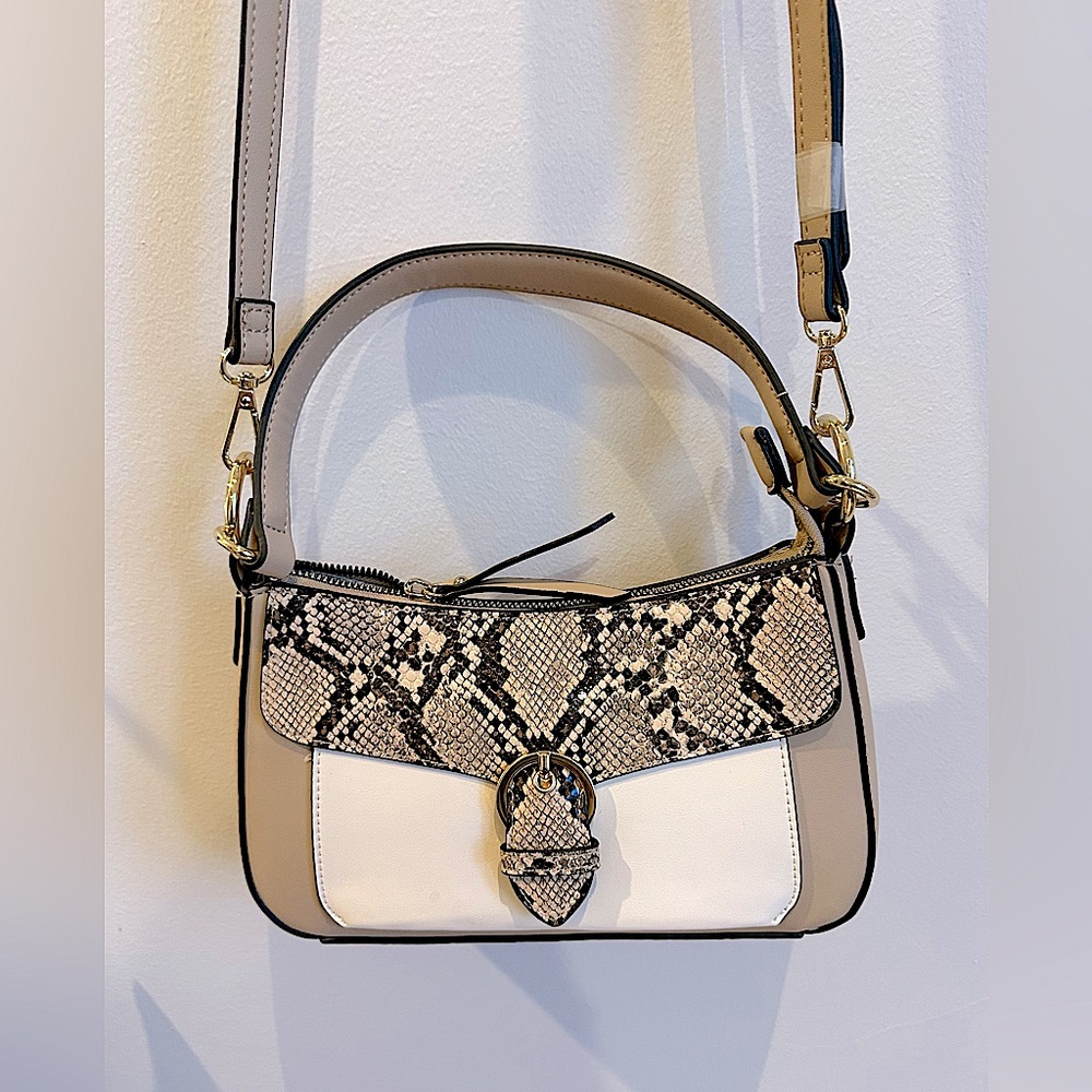 Nanette Lepore Classic Tan Colorblock Snakeprint Handbag New!